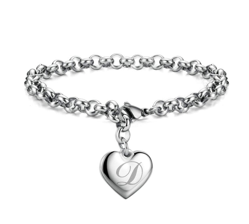 Monily Valentine's Day Initial Charm Bracelets for Women Stainless Steel Letters D Alphabet Heart Bracelet Jewelry Gifts for Women - Image 1